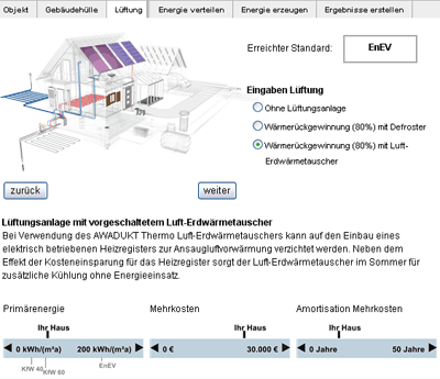 Gebudekonfigurator, Energiepreise, Gebudehlle, Haustechnik, Bauplanung, Belftung, Wrmeverteilung, Wrmeerzeugung