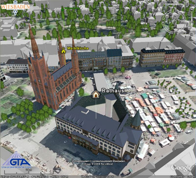 Geoinformatik, Wiesbaden in 3D, Google Earth, Gebäudemodell, Gebäudemodelle, dreidimensional im Internet, 3D-Stadtmodell