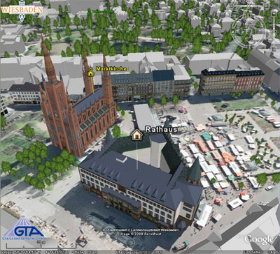 Geoinformatik, Wiesbaden in 3D, Google Earth, Gebudemodell, Gebudemodelle, dreidimensional im Internet, 3D-Stadtmodell